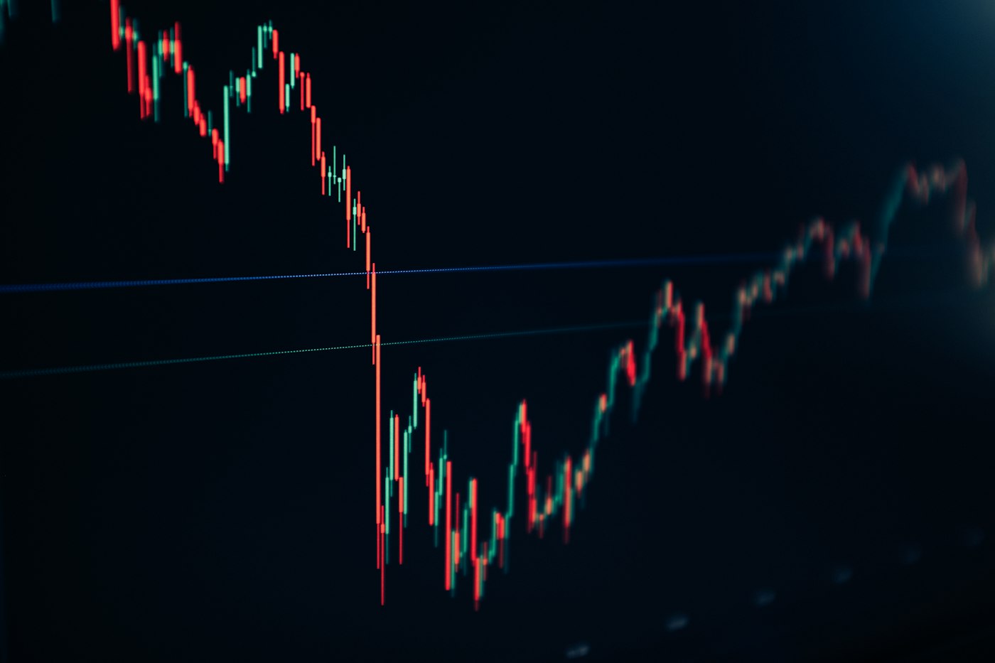 Bildschirm mit einem Kerzendiagramm, das Kursbewegungen eines Finanzmarktes in rot und grün zeigt